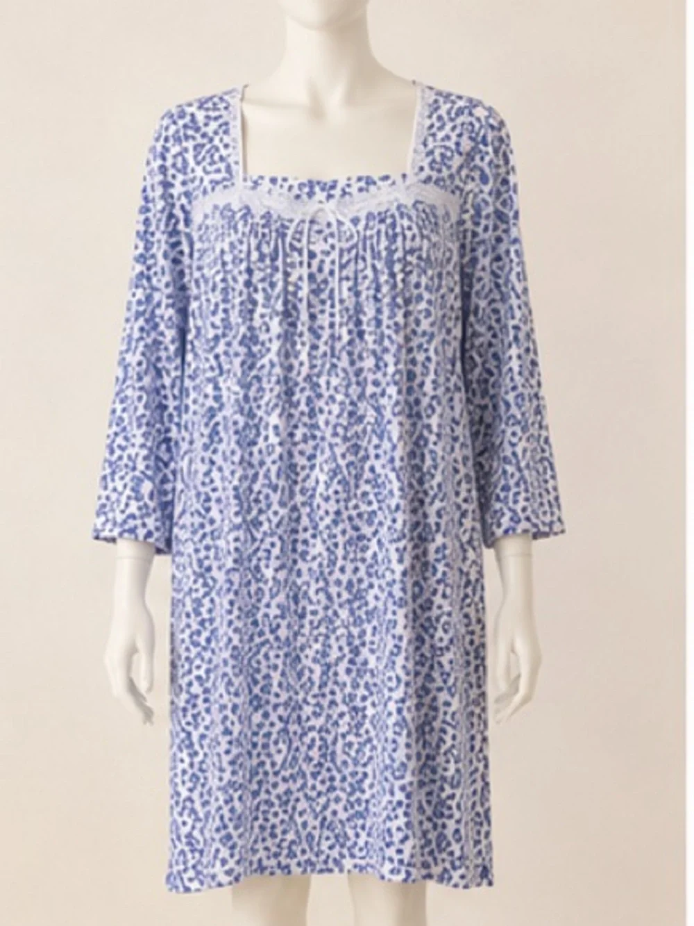 Eileen West Blue Floral 100% Cotton Long Sleeve Lace Neck Nightgown L